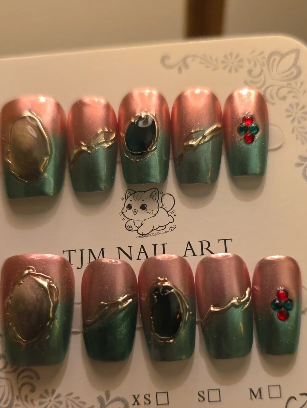 Green and Pink Ombre Press-On Nail Set Size Large
